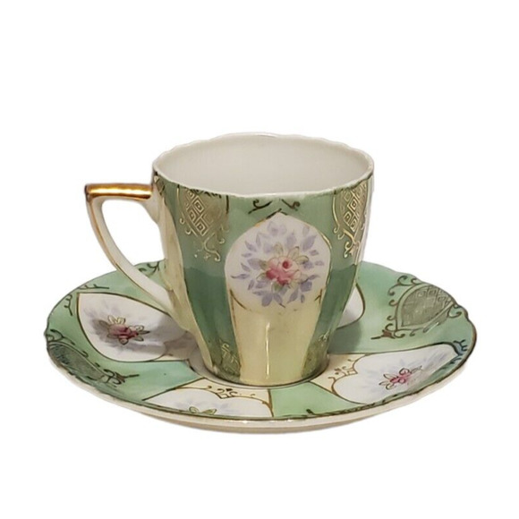 Ucagco Other - Vintage Ucagco Demitasse Cup & Saucer Set Pink Flower Gold Green Occupied Japan